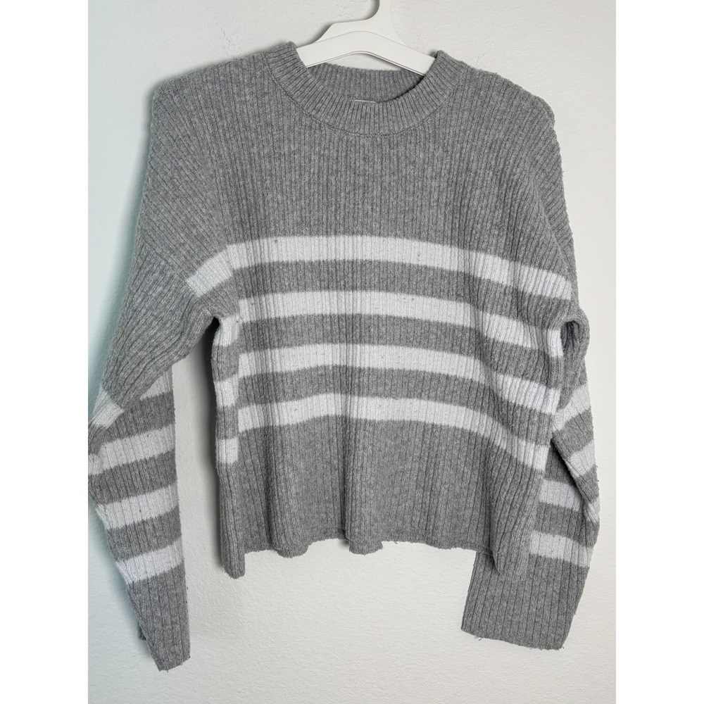 PInque Grey White Striped Ribbed Knit Crewneck‎ Sweater Mens Medium Pullover